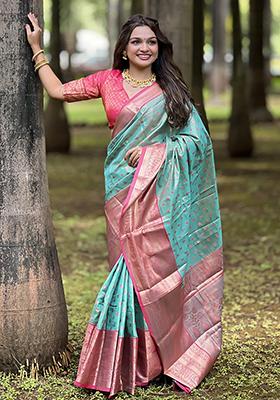 Rama Blue Zari Woven Kanchipuram Pattu Silk Saree Set
