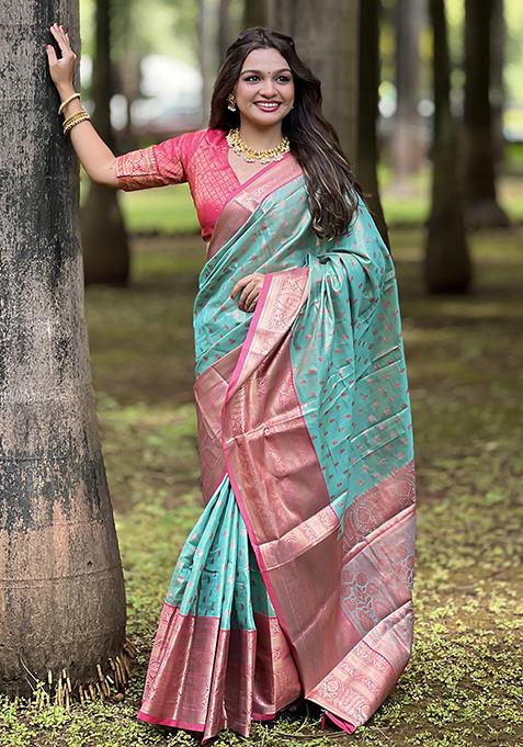 Rama Blue Zari Woven Kanchipuram Pattu Silk Saree Set