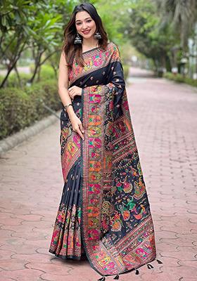 Black Zari Woven Soft Kashmiri Silk Saree Set