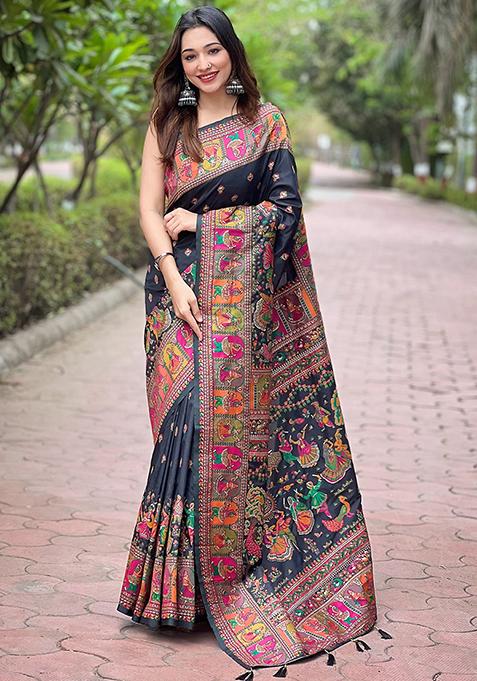 Black Zari Woven Soft Kashmiri Silk Saree Set