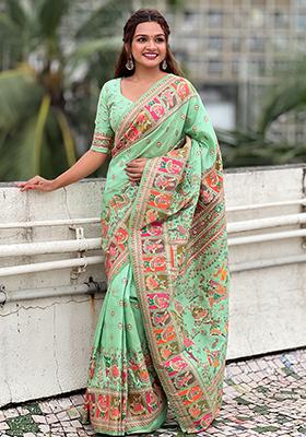 Pista Green Zari Woven Soft Kashmiri Silk Saree Set