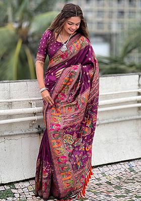 Wine Zari Woven Soft Kashmiri Silk Saree Set