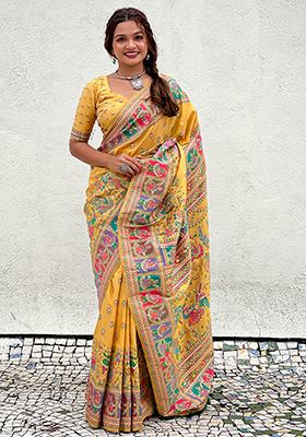Yellow Zari Woven Soft Kashmiri Silk Saree Set