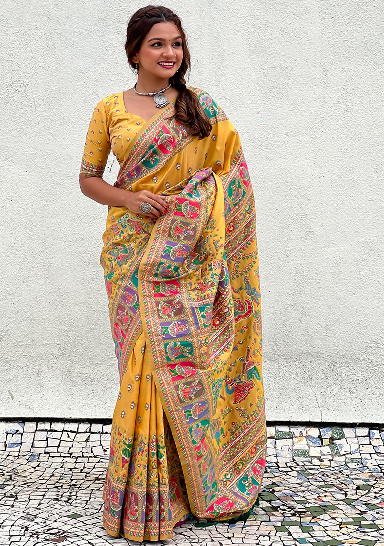 Yellow Zari Woven Soft Kashmiri Silk Saree Set