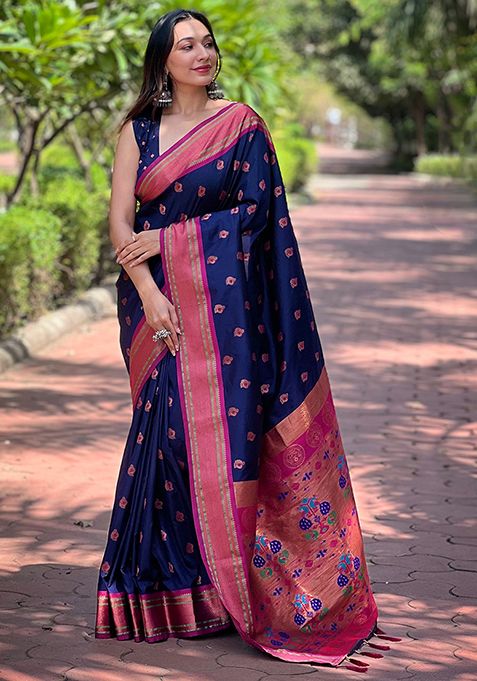 Navy Blue Zari Woven Paithani Silk Saree Set