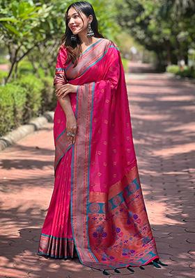 Pink Zari Woven Paithani Silk Saree Set