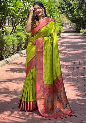 Pista Green Zari Woven Paithani Silk Saree Set