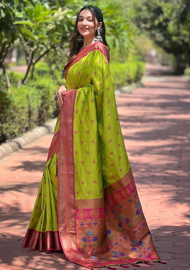 Pista Green Zari Woven Paithani Silk Saree Set
