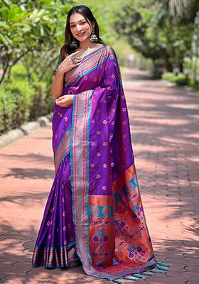 Purple Zari Woven Paithani Silk Saree Set