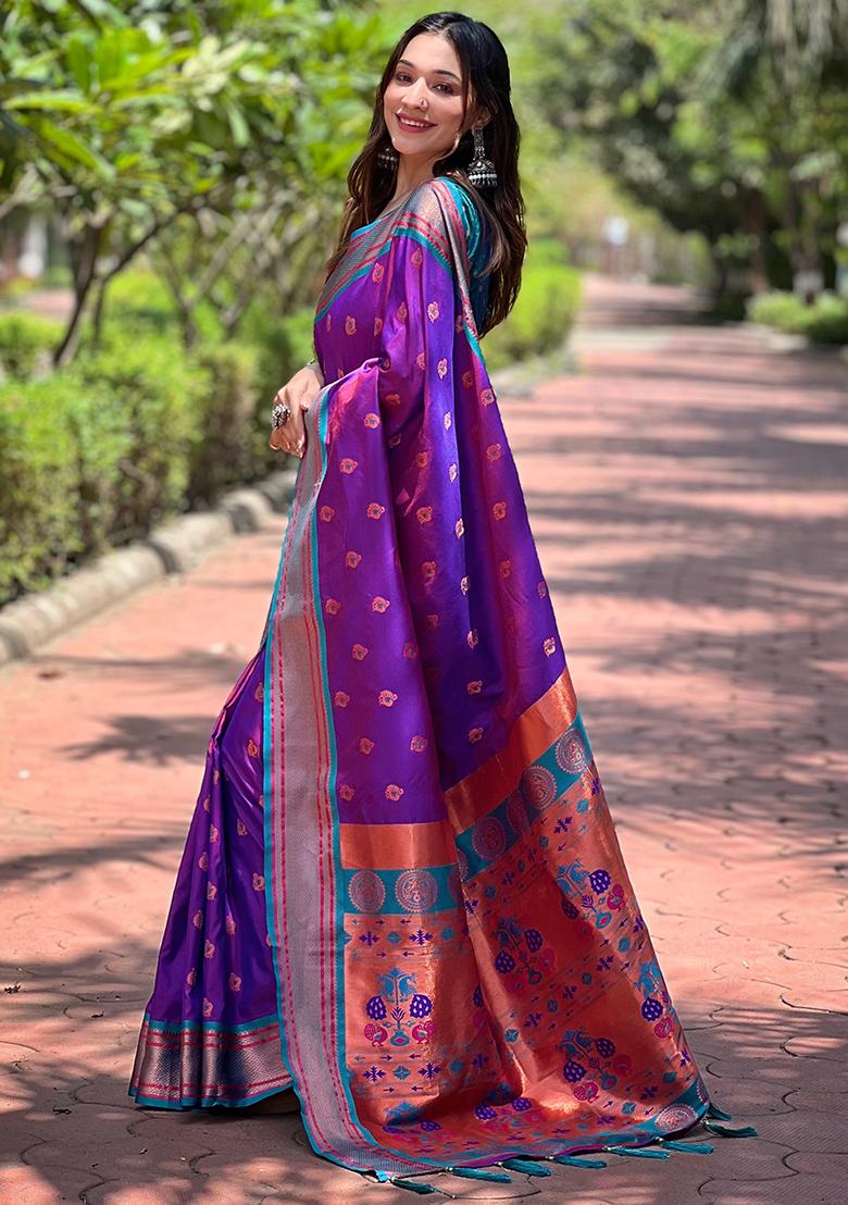 Purple Zari Woven Paithani Silk Saree Set