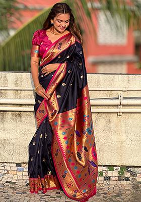 Navy Blue Zari Woven Paithani Silk Saree Set