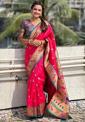 Pink Zari Woven Paithani Silk Saree Set