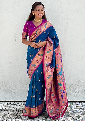 Rama Blue Zari Woven Paithani Silk Saree Set
