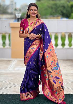 Violet Zari Woven Paithani Silk Saree Set