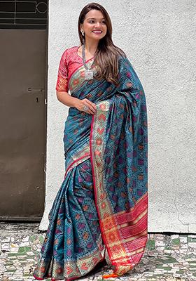 Denim Blue Zari Woven Soft Patola Silk Saree Set