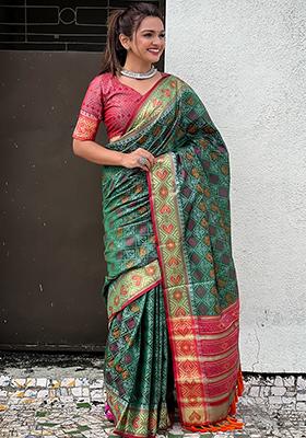Green Zari Woven Soft Patola Silk Saree Set