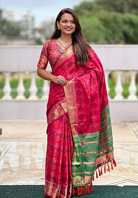 Pink Zari Woven Soft Patola Silk Saree Set