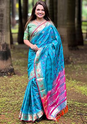 Sky Blue Zari Woven Soft Patola Silk Saree Set