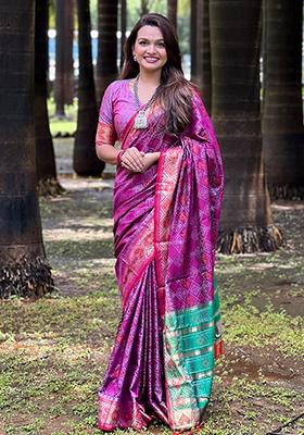 Wine Zari Woven Soft Patola Silk Saree Set