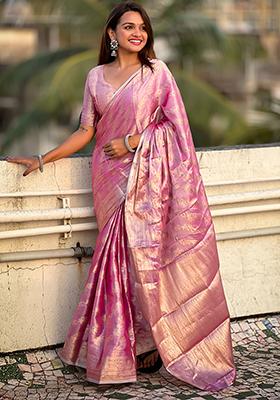 Pink Zari Woven Kanjivaram Soft Tissue Silk Saree Set