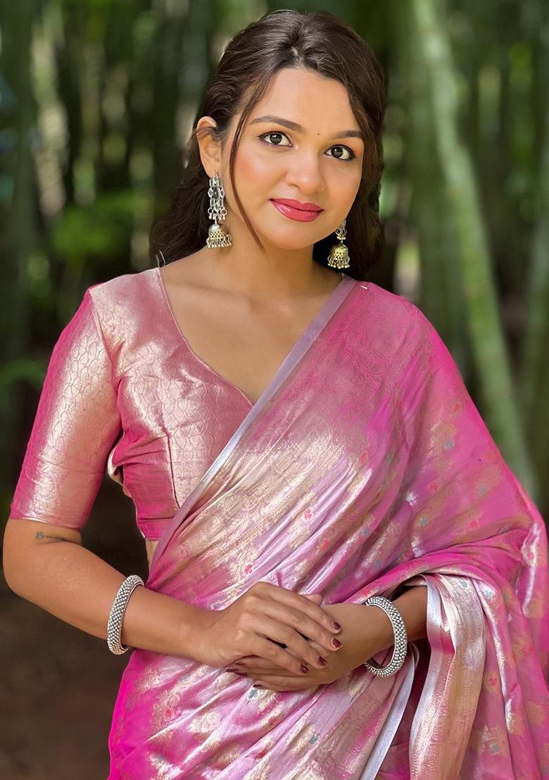 Pink Zari Woven Kanjivaram Soft Tissue Silk Saree Set