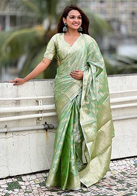 Pista Green Zari Woven Kanjivaram Soft Tissue Silk Saree Set