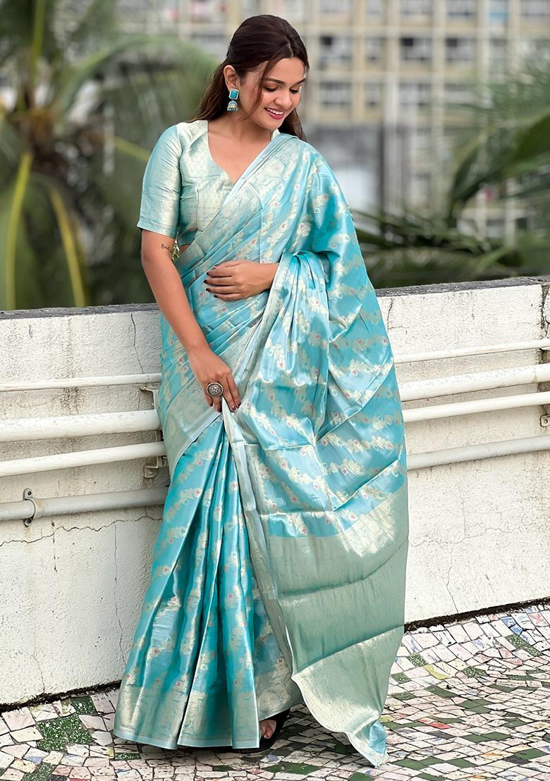 Sky Blue Zari Woven Kanjivaram Soft Tissue Silk Saree Set