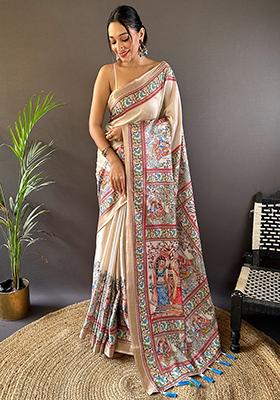 Cream Printed Tussar Silk Saree Set