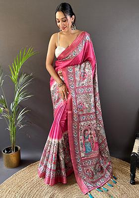 Pink Printed Tussar Silk Saree Set