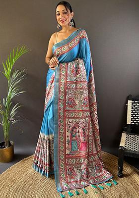 Rama Blue Printed Tussar Silk Saree Set