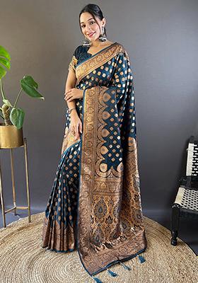 Blue Zari Woven Banarasi Katan Silk Saree Set