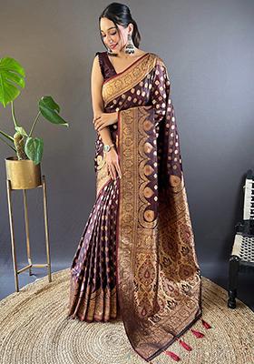 Maroon Zari Woven Banarasi Katan Silk Saree Set