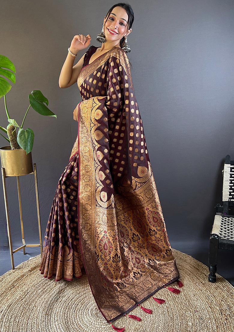 Maroon Zari Woven Banarasi Katan Silk Saree Set