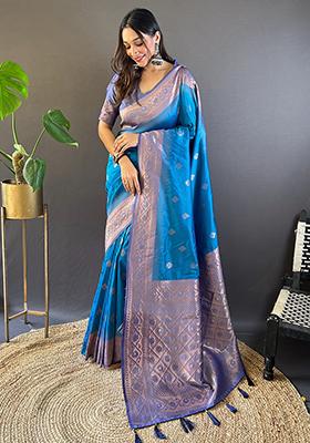 Blue Zari Woven Soft Silk Saree Set