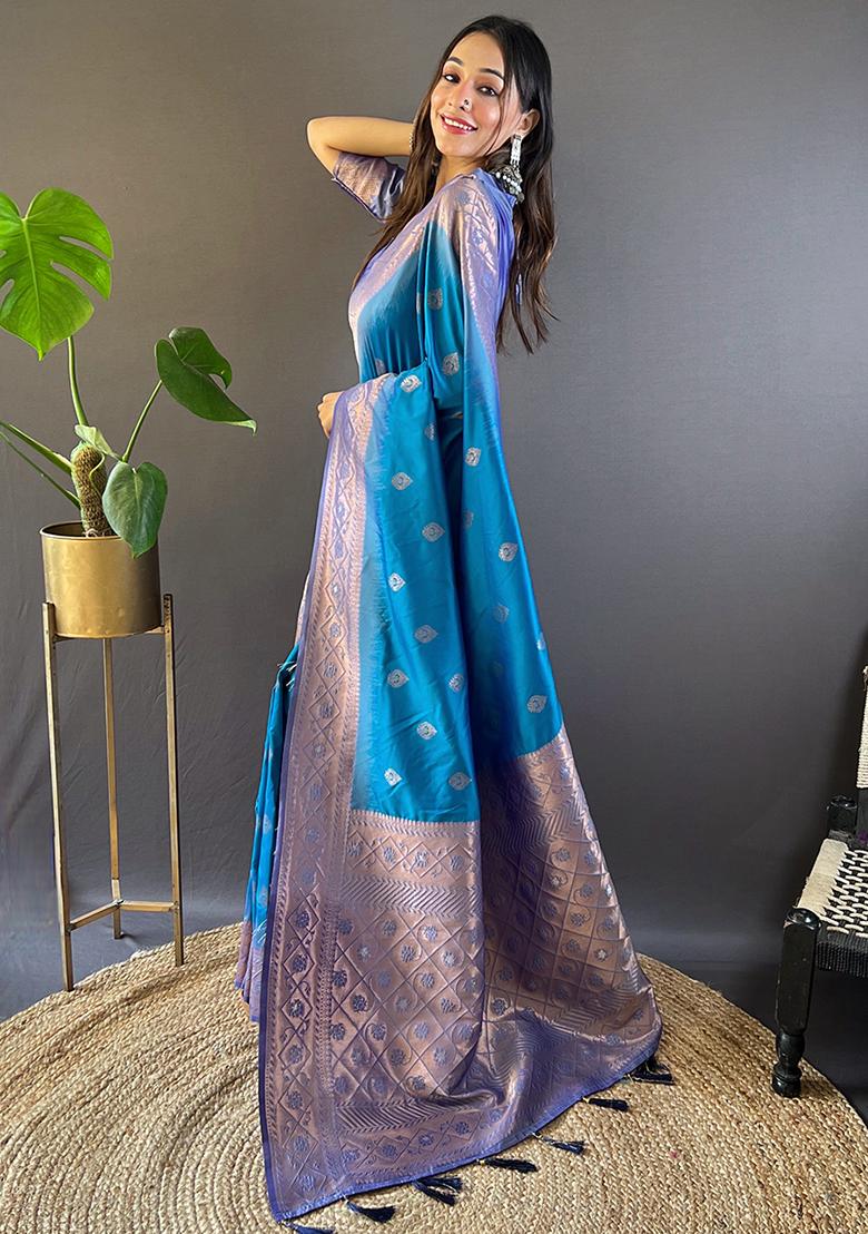 Blue Zari Woven Soft Silk Saree Set