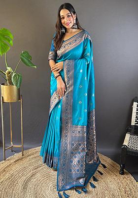 Blue Zari Woven Soft Silk Saree Set