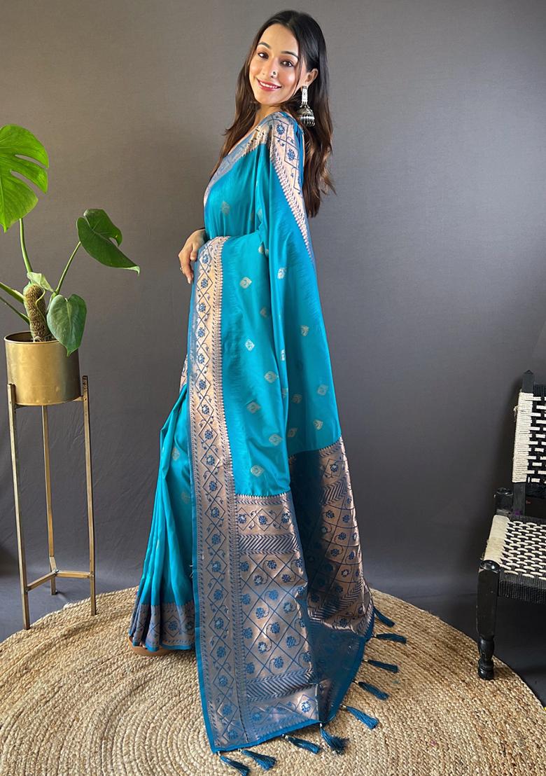 Blue Zari Woven Soft Silk Saree Set