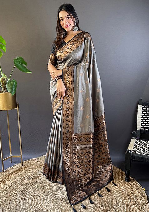 Grey Zari Woven Soft Silk Saree Set