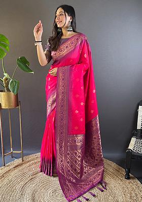 Pink Zari Woven Soft Silk Saree Set