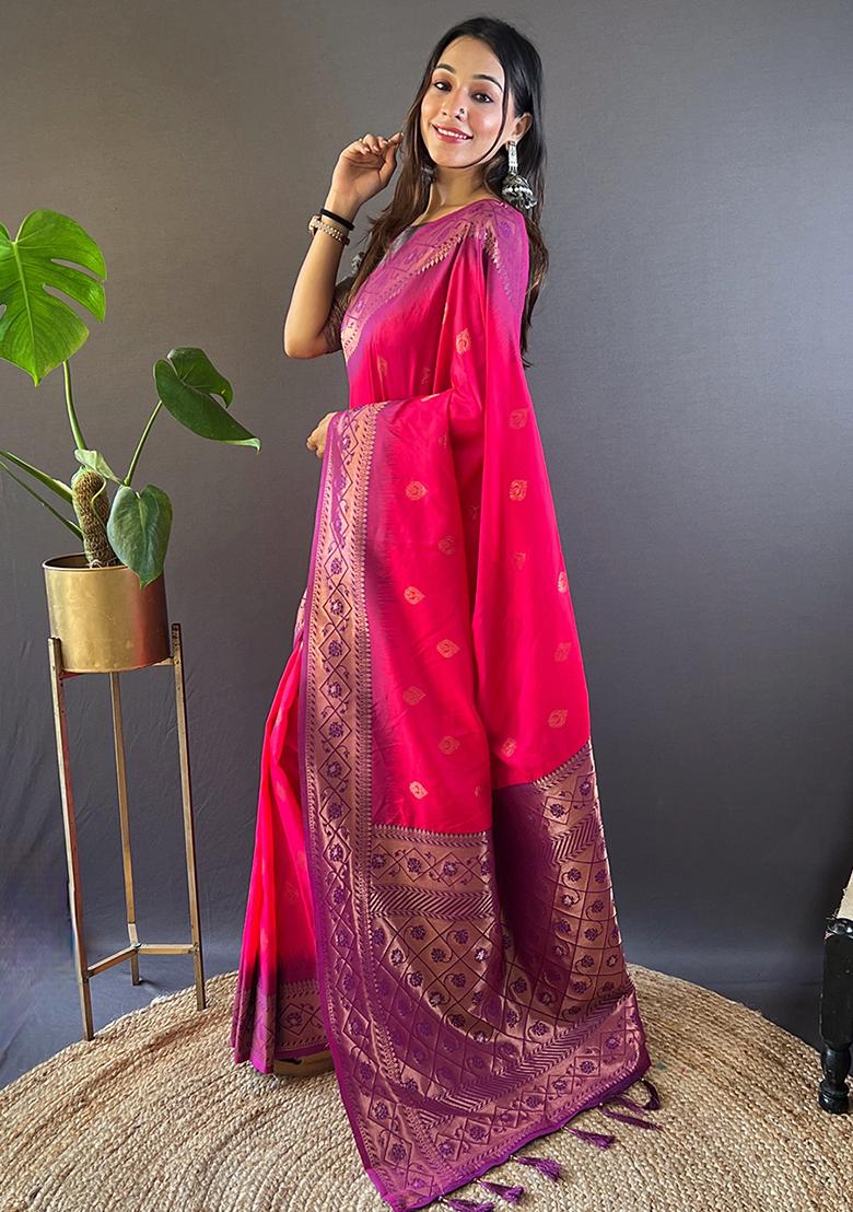 Pink Zari Woven Soft Silk Saree Set
