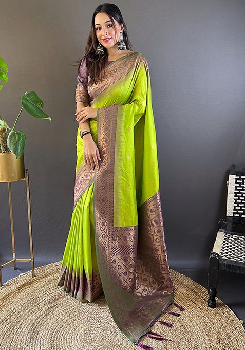 Pista Green Zari Woven Soft Silk Saree Set