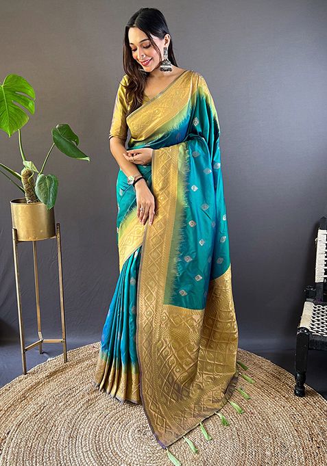 Rama Blue Zari Woven Soft Silk Saree Set