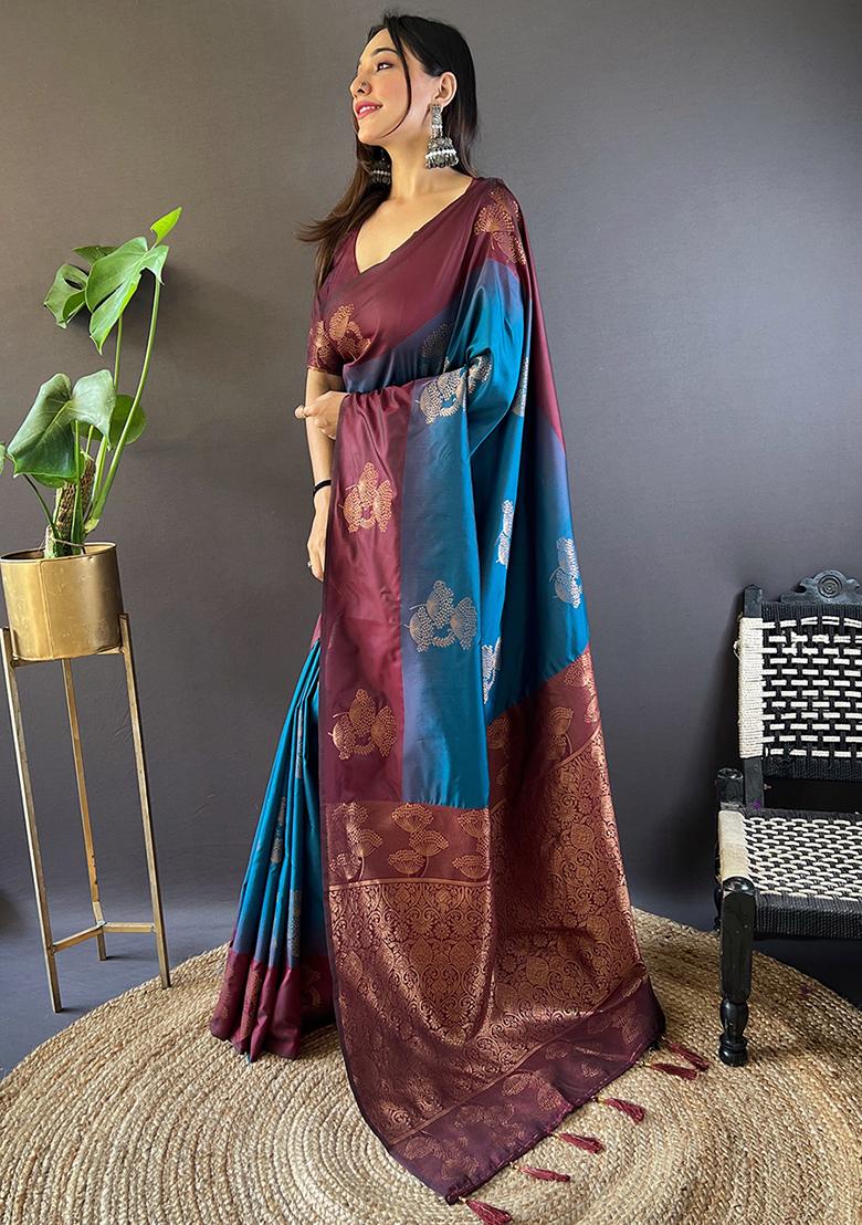 Blue Zari Woven Soft Silk Saree Set