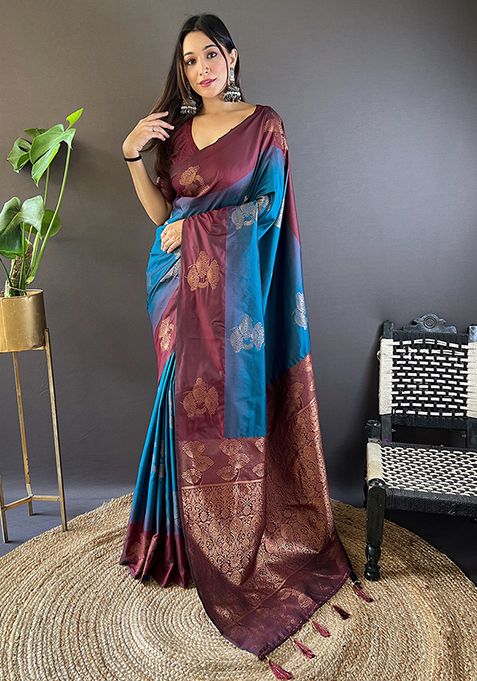 Blue Zari Woven Soft Silk Saree Set