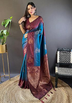 Brown Zari Woven Soft Silk Saree Set