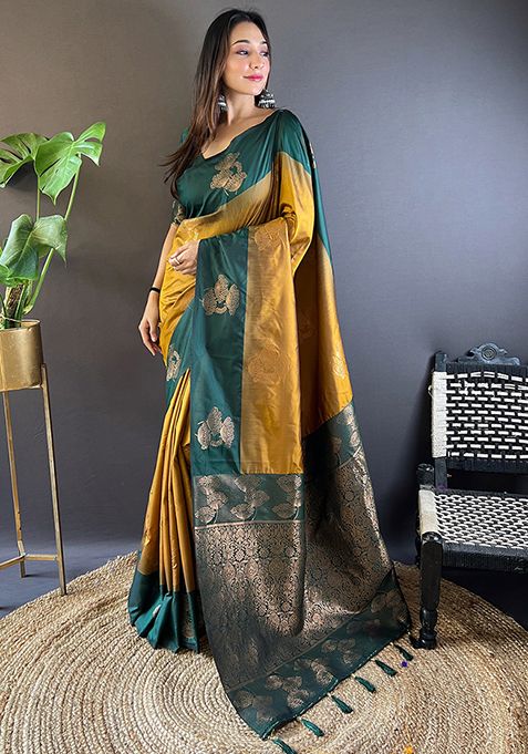 Golden Zari Woven Soft Silk Saree Set