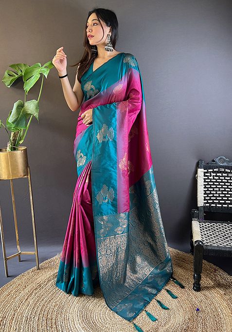 Pink Zari Woven Soft Silk Saree Set