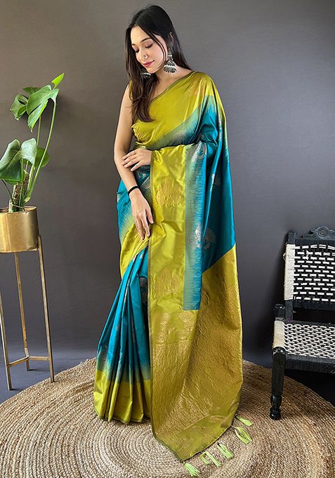 Rama Blue Zari Woven Soft Silk Saree Set