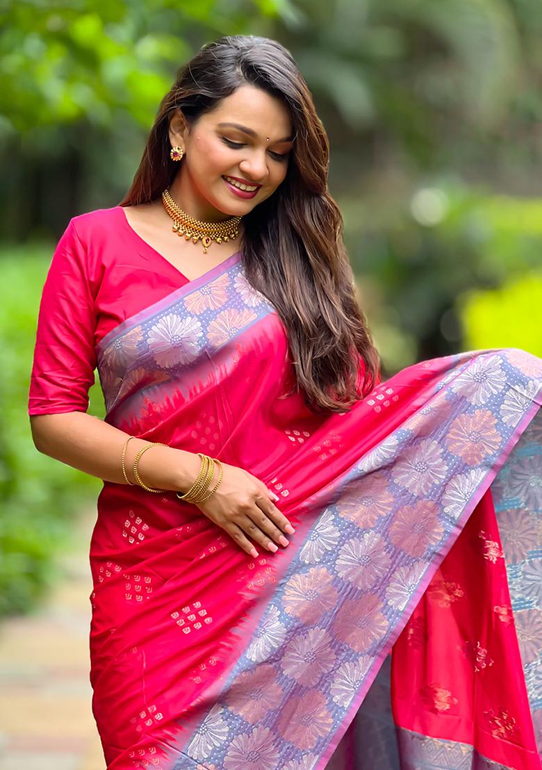 Pink Zari Woven Soft Silk Saree Set