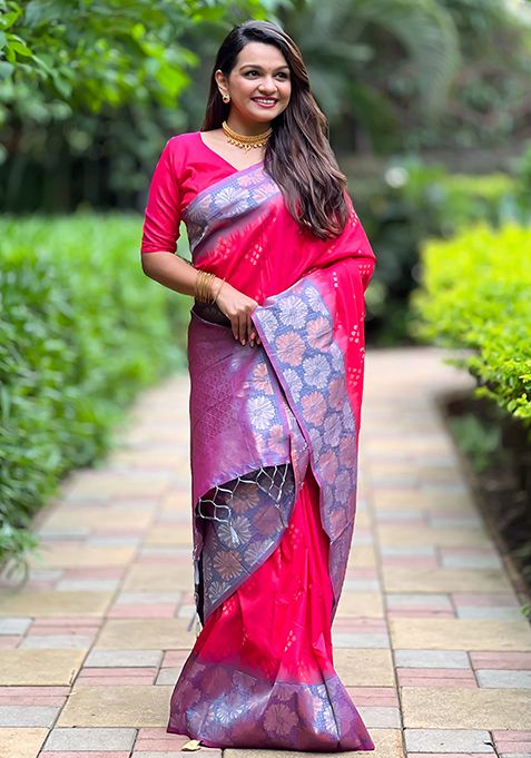 Pink Zari Woven Soft Silk Saree Set